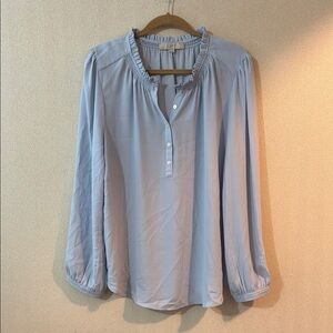 LOFT Blue Long Sleeve Ruffled Blouse with Mandarin Collar